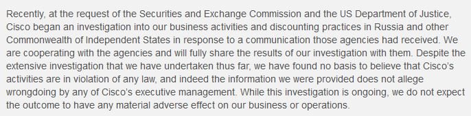 Screen shot from Cisco first disclosing their FCPA probe Dec-2013