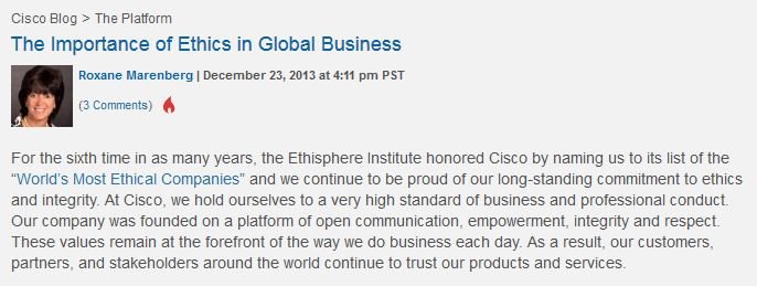 Screen shot from blog posting Cisco first used to disclosed its FCPA probe Christmas 2013.