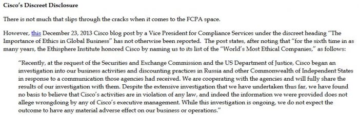 Screen shot from FCPA professor observing the discreet nature of Cisco using a blog post to disclose an FCPA probe